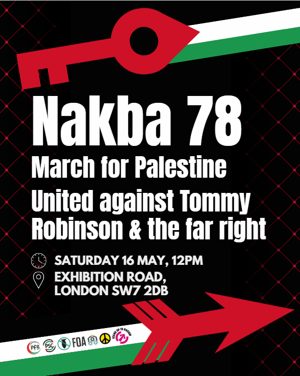 PSC notice for Nakb 78 demonstration on Saturday 16 May in London